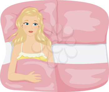 Illustration of a Lonely Girl Lying on a Half-Empty Double Bed