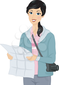 Illustration of a Female Tourist Checking Her Map
