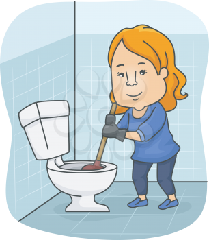 Illustration of a Girl Using a Plunger to Unclog a Toilet Bowl