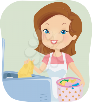 Illustration of a Girl Putting Dirty Clothes in the Washing Machine