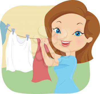 Illustration of a Girl Hanging Clothes Out to Dry