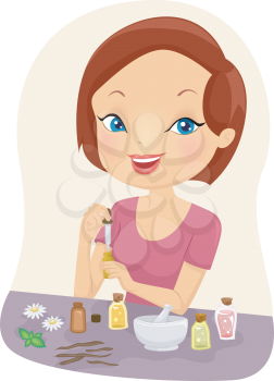 Illustration of a Girl Mixing Essential Oils	