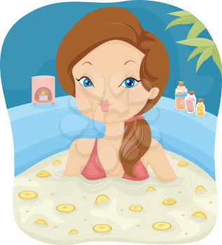 Illustration of a Girl in a Spa Soaking in a Bath Filled With Lemon Slices