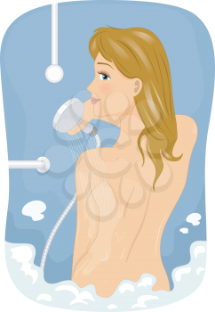 Illustration of a Woman Using a Telephone Shower to Bathe