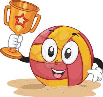 Mascot Illustration of a Beach Volleyball Holding a Trophy