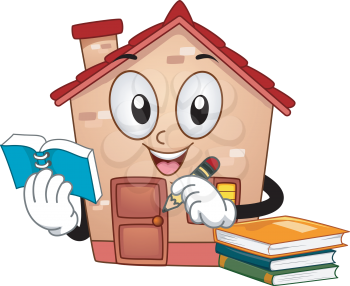 Mascot Illustration of a House Holding a Notebook and a Pencil