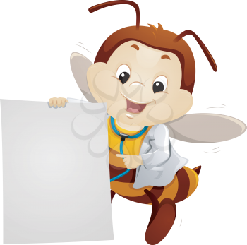 Mascot Illustration of a Bee in a Lab Coat Pointing to a Piece of Paper