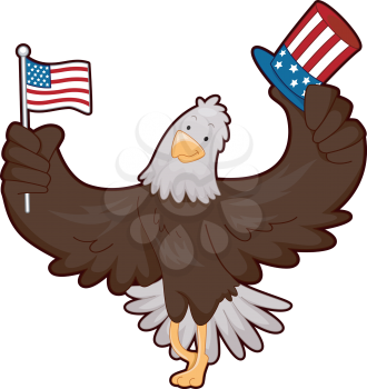 Mascot Illustration of a Bald Eagle Holding an American Flag and a Top Hat Designed With Stars and Stripes