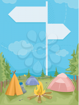 Illustration of a Camp Site With Signs Placed Around as Guides
