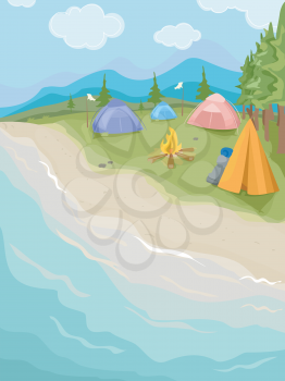 Illustration of Camping Tents Set Up Near the Beach