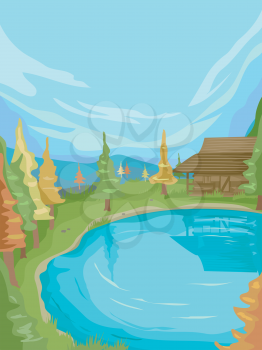 Illustration of a Small Cabin Standing Beside a Calm Lake