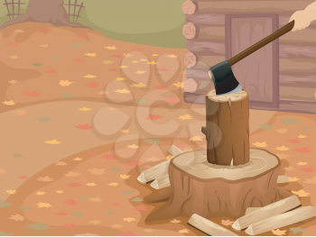 Cropped Illustration of a Person Chopping Logs Outside a Log Cabin