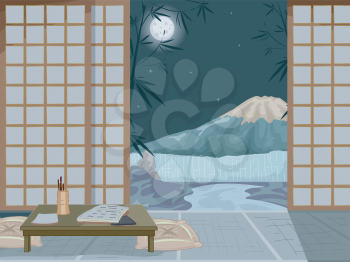 Illustration of the Interior of a Japanese Inn With a Mountain in the Background