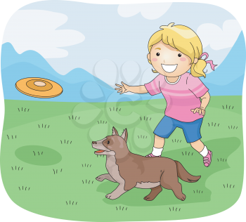 Illustration of a Little Girl Playing Frisbee With Her Pet Dog