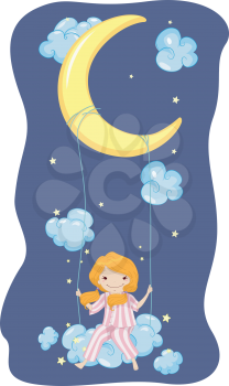 Illustration of a Girl in Pajamas Riding a Swing Hanging From the Moon