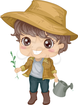 Illustration of a Little Boy Tending to His Garden