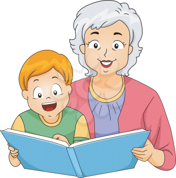 Illustration of a Grandmother Reading a Book to Her Grandson