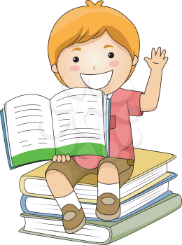 Illustration of a Little Boy Holding an Open Book While Raising His Hand