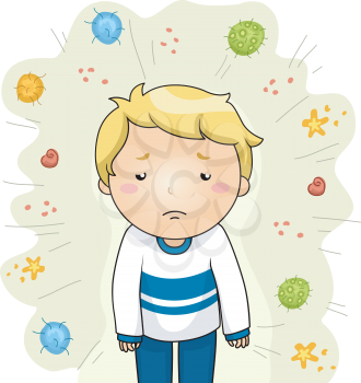 Illustration of a Sick Boy Surrounded by Different Strains of Viruses