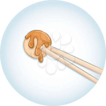 Illustration of a Pair of Chopsticks Holding a Piece of Takoyaki