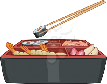 Illustration of a Typical Japanese Bento With a Pair of Chopsticks Hanging on the Side