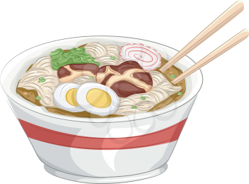 Illustration of a Bowl of Naruto Ramen With a Pair of Chopsticks Resting on the Side