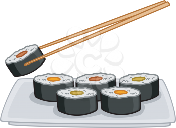 Illustration of a Plate Full of Sushi With a Pair of Chopsticks Hovering Above