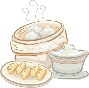 Illustration of a Plate of Dimsum and a Container Full of Meat Buns