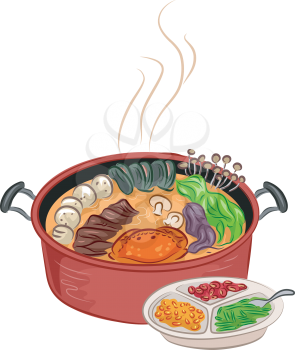 Illustration of a Steaming Hot Pot With Additional Ingredients Sitting Beside It