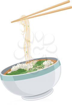 Illustration of a Bowl of Wonton Noodles With a Pair of Chopsticks Hovering Above