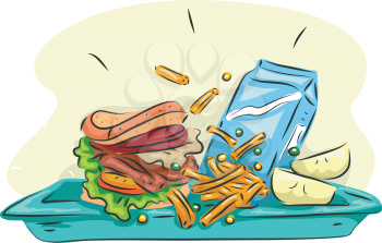 Illustration of a School Lunch Composed of a Burger, Fries, Fruits, and a Carton of Milk