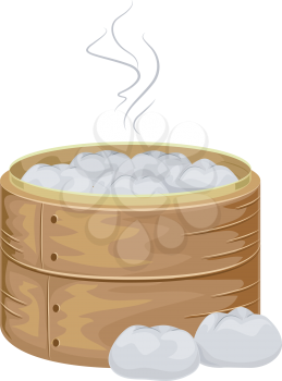 Illustration of a Bamboo Steamer Filled With Steaming Hot Meat Buns	