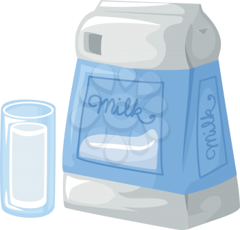 Illustration of a Glass of Milk Sitting Beside a Bag of Powdered Milk