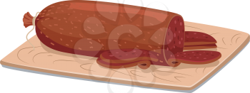 Illustration of a Roll of Salami Resting on a Wooden Board