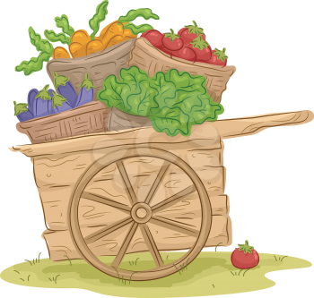 Illustration of a Wooden Cart Filled With Freshly Picked Fruits and Vegetables