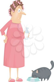 Illustration of a Woman Giving Milk to Her Pet Cat