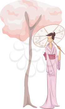 Illustration of a Woman in a Kimono Standing Beside a Cherry Blossom Tree