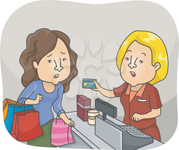 Illustration of a Woman on a Shopping Spree Having Her Credit Card Declined