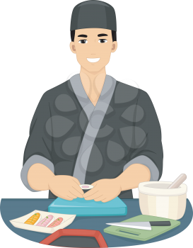 Illustration of a Male Chef in Kimono Preparing Sushi