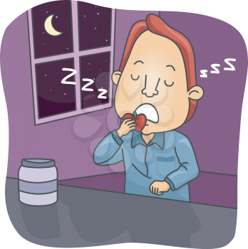 Illustration of a Sleepwalking Man Eating an Apple While Asleep
