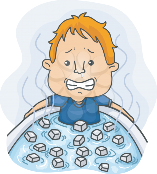 Illustration of a Man with a Runny Nose Soaking in a Tub Filled with Ice Cubes