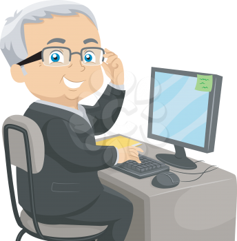 Illustration of a Senior Citizen Dressed in a Business Suit Sitting in Front of a Computer