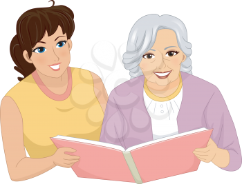Illustration of a Woman Looking Through an Album with a Female Senior Citizen