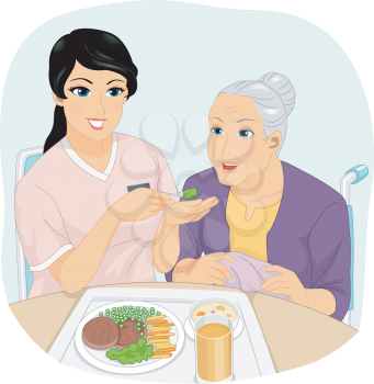 Illustration of a Nurse Helping a Senior Citizen to Eat
