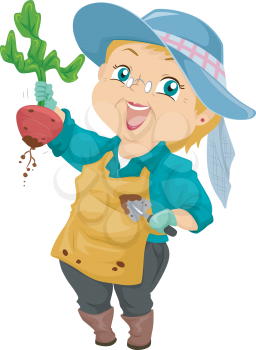Illustration of a Proud Senior Citizen Showing the Beet She Harvested