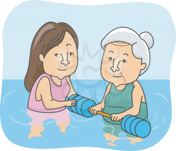 Illustration of a Female Senior Citizen Undergoing Water Therapy
