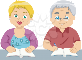 Illustration of a Pair of Elderly Students Writing on Their Notebooks