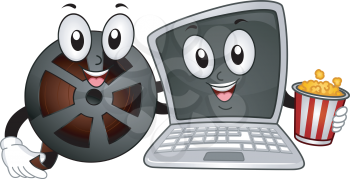Mascot Illustration of a Film Reel and a Laptop Holding a Popcorn Bucket
