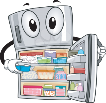 Mascot Illustration of a Fully-Stocked Refrigerator Showing Its Contents