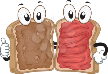 Mascot Illustration of a Peanut Butter and Jam Sandwiches Hanging Out Together